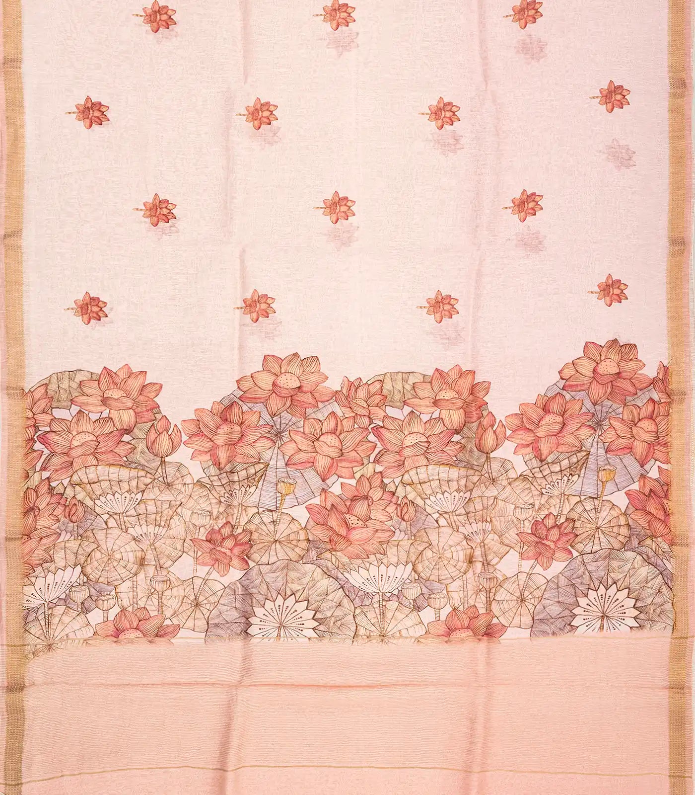 Light Peach Handwoven Linen Saree Printed With Floral Motifs