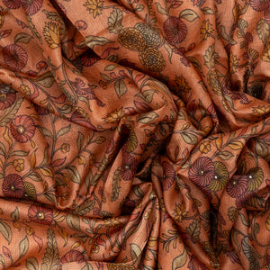 Peach Handloom Tussar Silk Saree Printed With Floral Vine Motifs