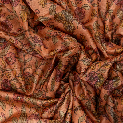 Peach Handloom Tussar Silk Saree Printed With Floral Vine Motifs