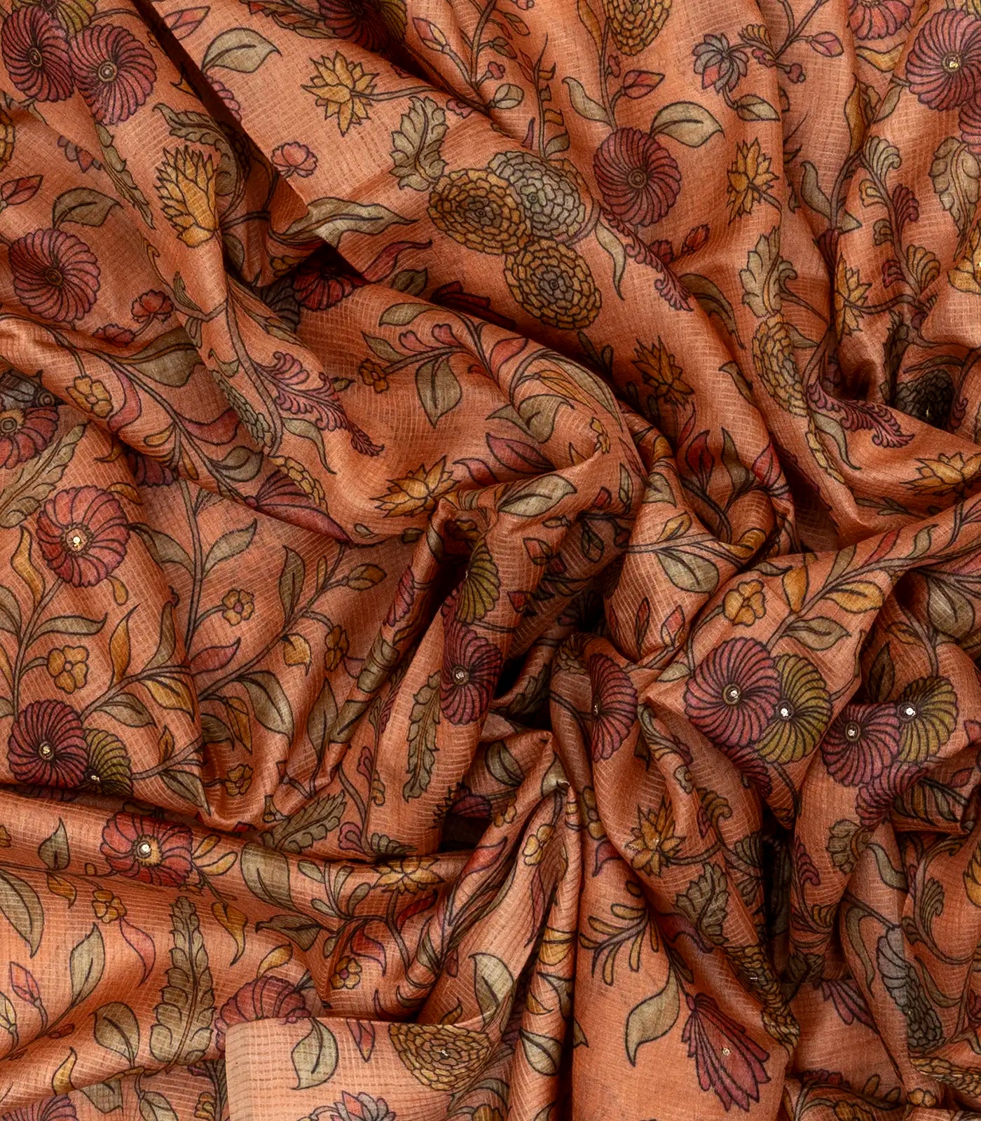 Peach Handloom Tussar Silk Saree Printed With Floral Vine Motifs