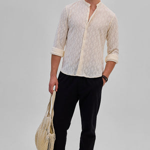 Cream Mandarin Self-Design Shirt