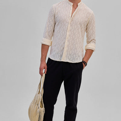 Cream Mandarin Self-Design Shirt