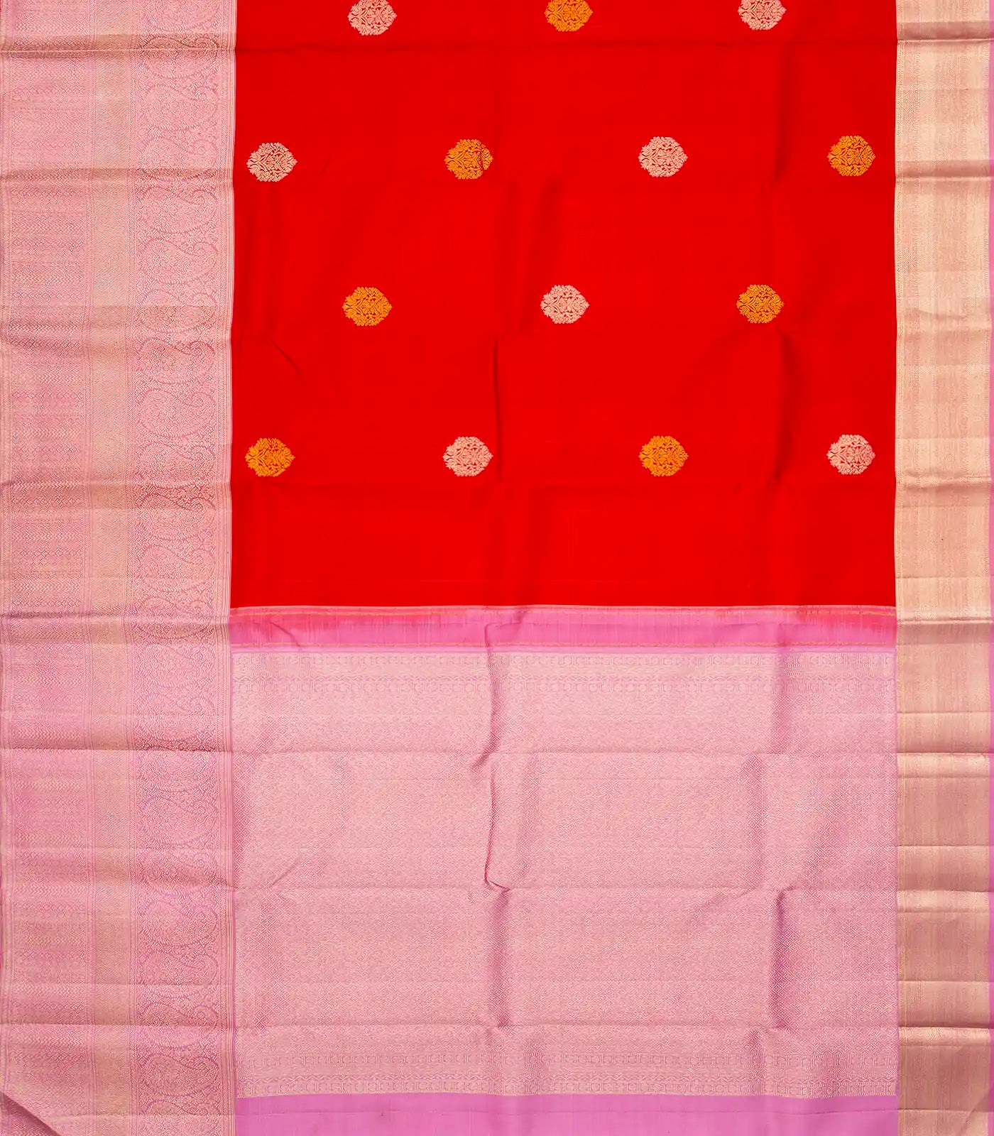 Red Handloom Kanchipuram Silk Saree With Floral Buttas