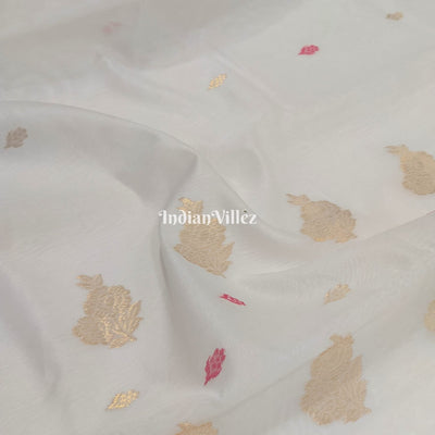 White Flower Design Pure Chanderi Silk Saree
