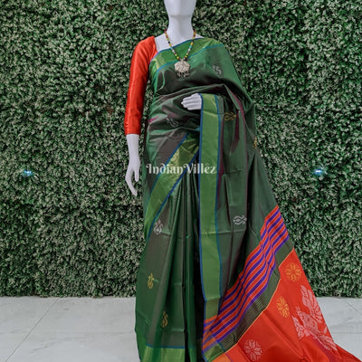 Bottle Green Dual Tone Reddish Orange Handwoven Bishnupuri Silk Saree