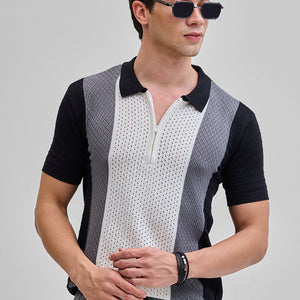 White Colourblocked Zipper Polo T-Shirt