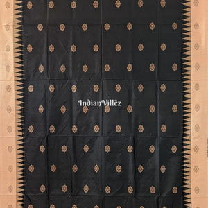 Black Peach Konark Temple Theme Bomkai Sambalpuri Ikat Silk Saree