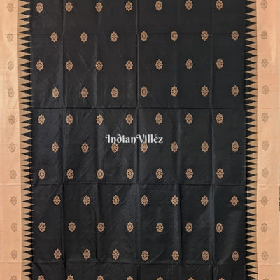 Black Peach Konark Temple Theme Bomkai Sambalpuri Ikat Silk Saree