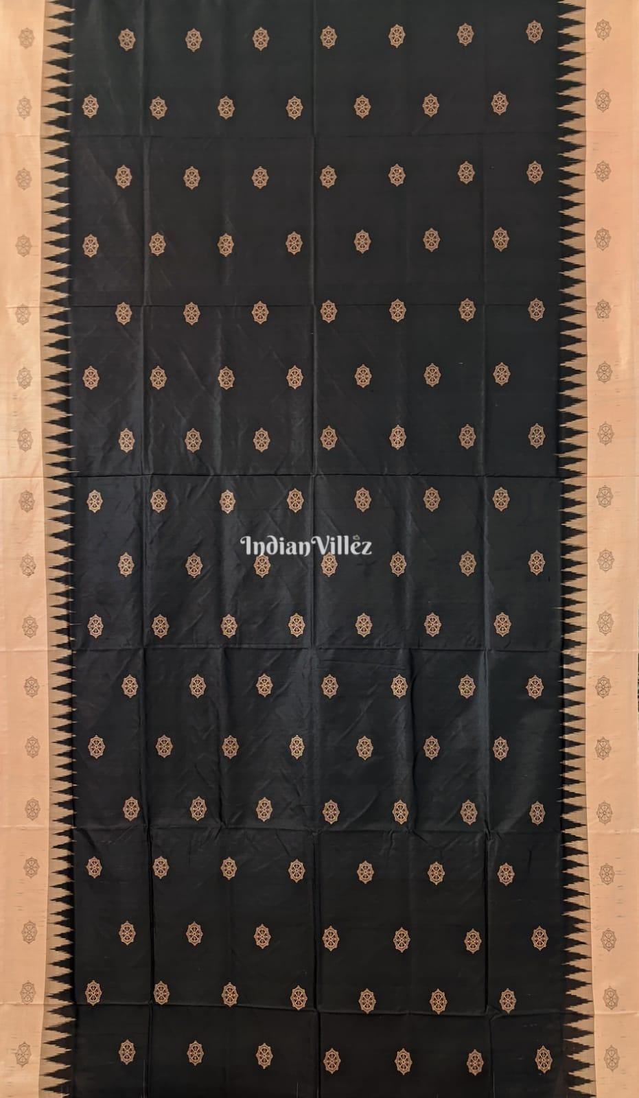 Black Peach Konark Temple Theme Bomkai Sambalpuri Ikat Silk Saree