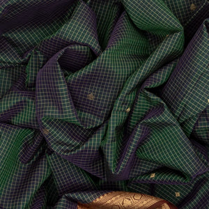 Bottle Green Handloom Silk Cotton Saree With Checks & Buttas