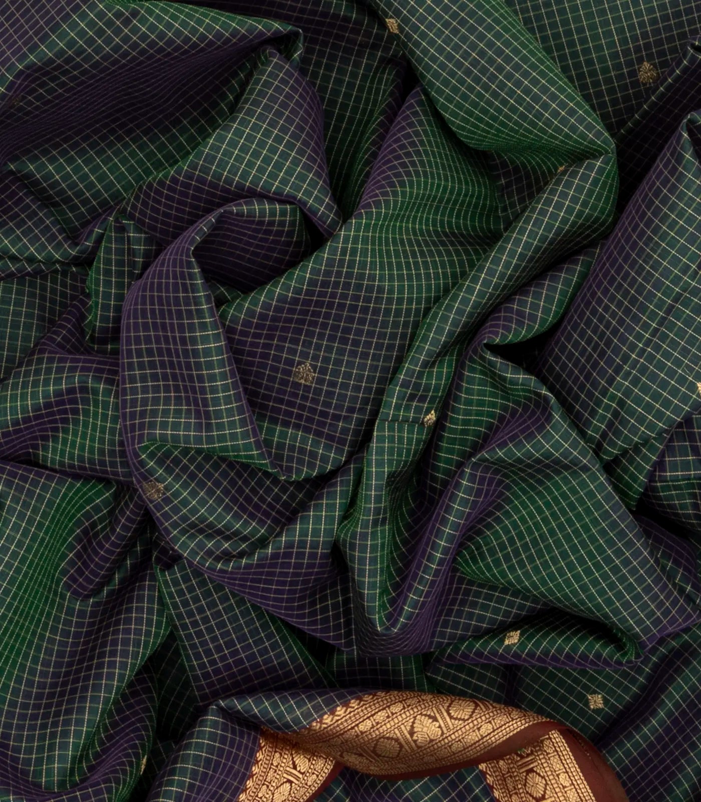 Bottle Green Handloom Silk Cotton Saree With Checks & Buttas