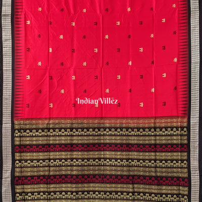 Red Laxmi Pada Lotus Sambalpuri Ikat Bomkai Silk Saree