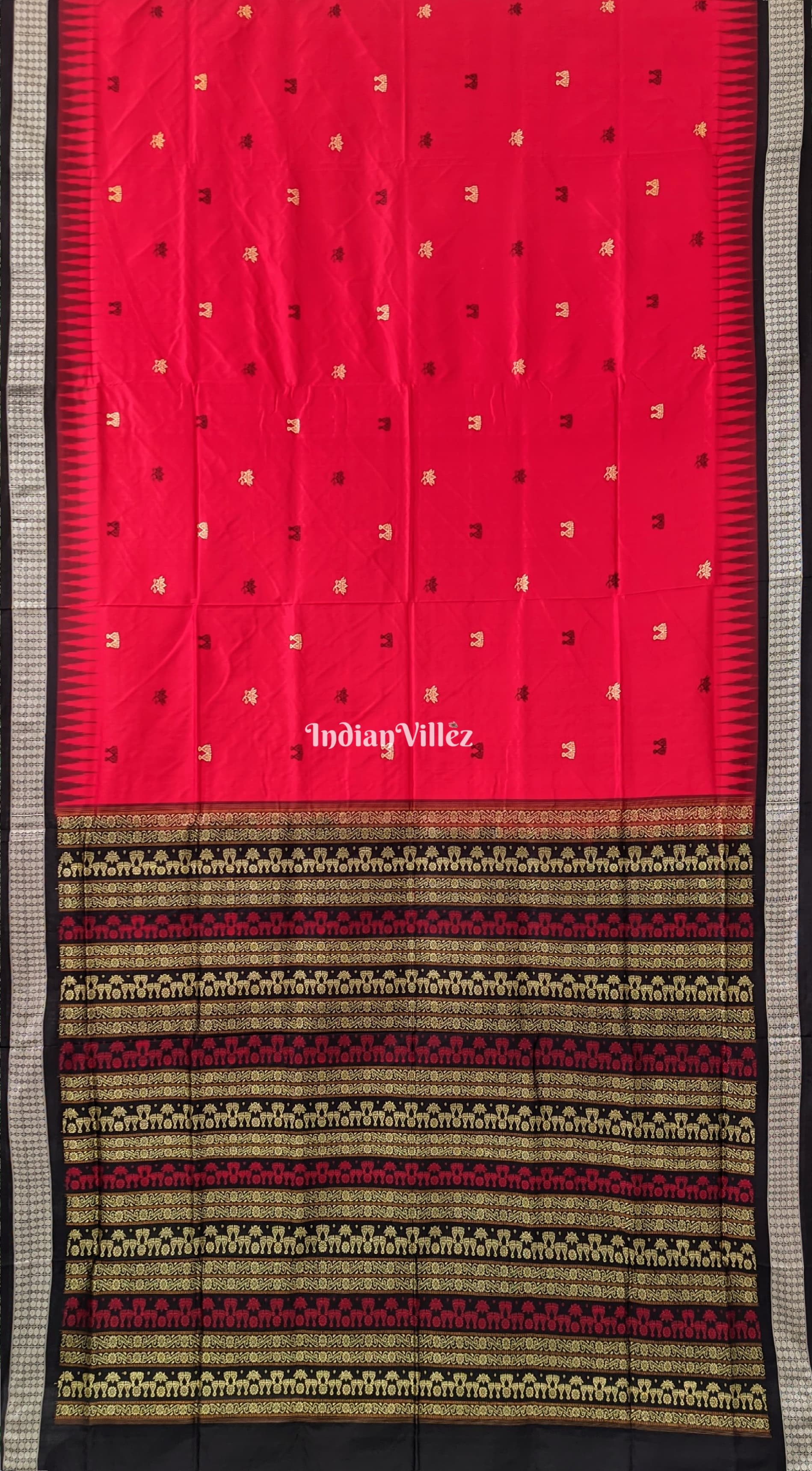 Red Laxmi Pada Lotus Sambalpuri Ikat Bomkai Silk Saree