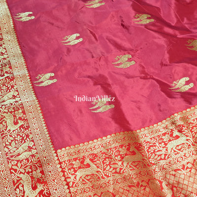 Pink Peach Parrot Handwoven Banarasi Katan Silk Saree