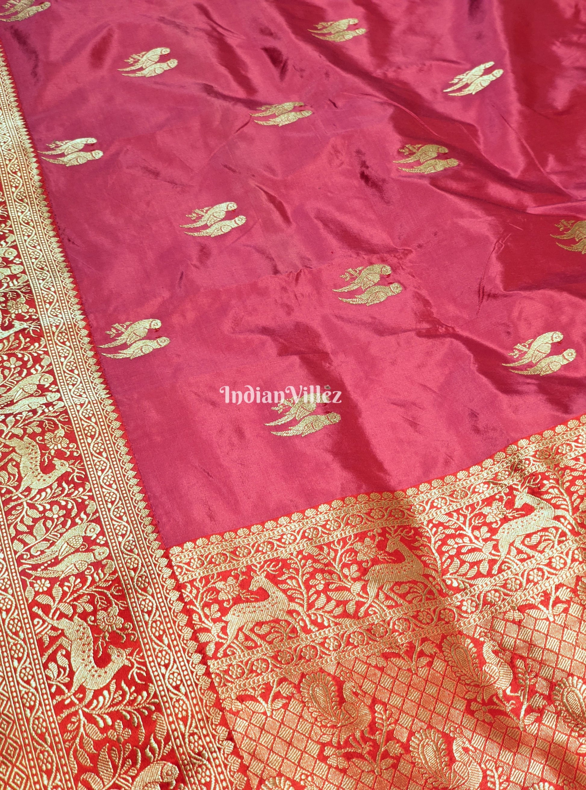 Pink Peach Parrot Handwoven Banarasi Katan Silk Saree