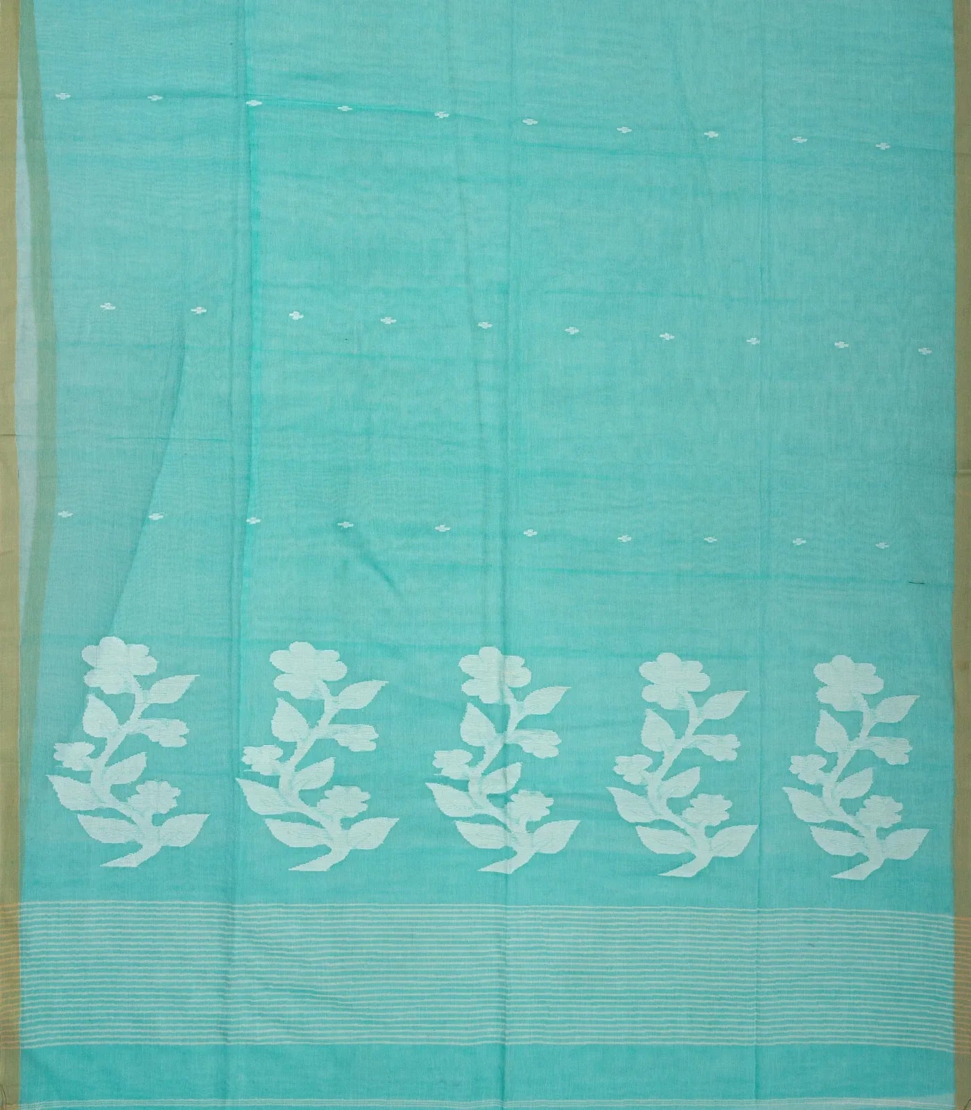 Turquoise Handloom Bengal Cotton Saree With Plus Buttas