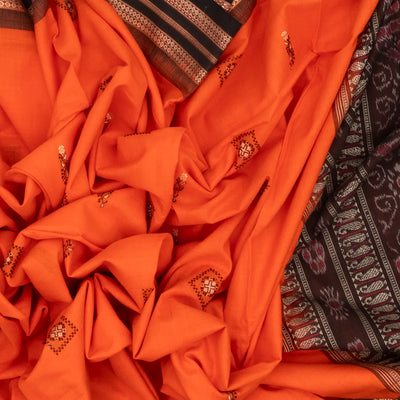 Orange Handwoven Orissa Cotton Saree With Floral Motif Buttas