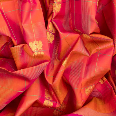 Peach Handloom Kanchipuram Silk Saree With Annam Buttas & Checks