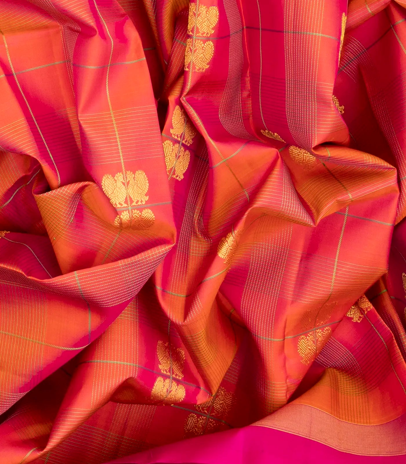 Peach Handloom Kanchipuram Silk Saree With Annam Buttas & Checks