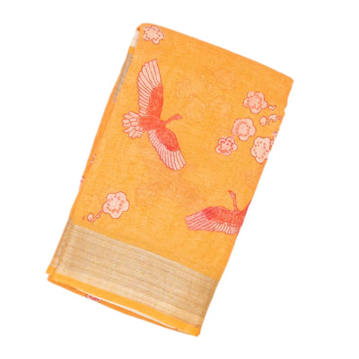 Orange Handloom Linen Saree With Printed Bird Motifs