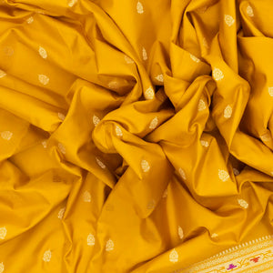 Mustard Handwoven Banarasi Silk Saree With Floral Motifs