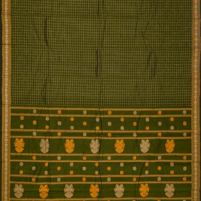 Dark Green Handloom Kanchi Cotton Saree With Checks