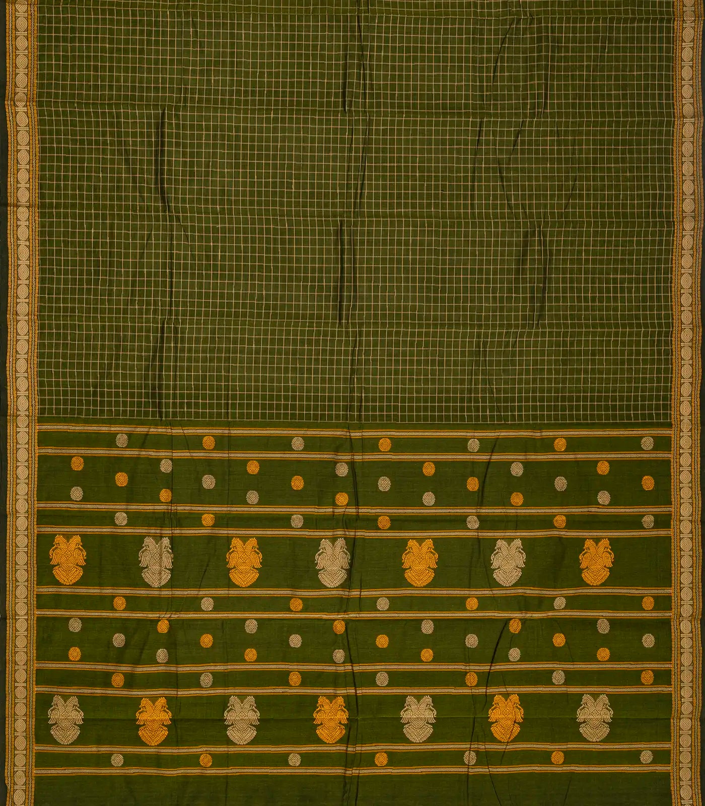 Dark Green Handloom Kanchi Cotton Saree With Checks