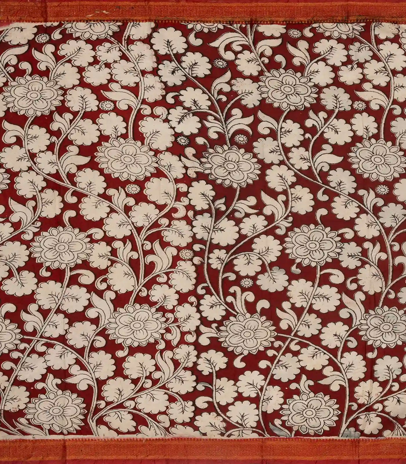 White Handloom Kalamkari Cotton Saree And Printed Floral Motifs