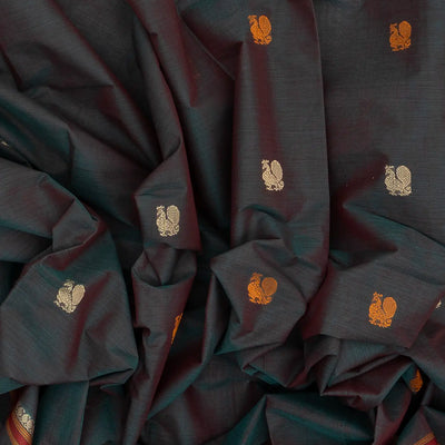 Dark Grey Handloom Kanchi Cotton Saree With Annam Buttas