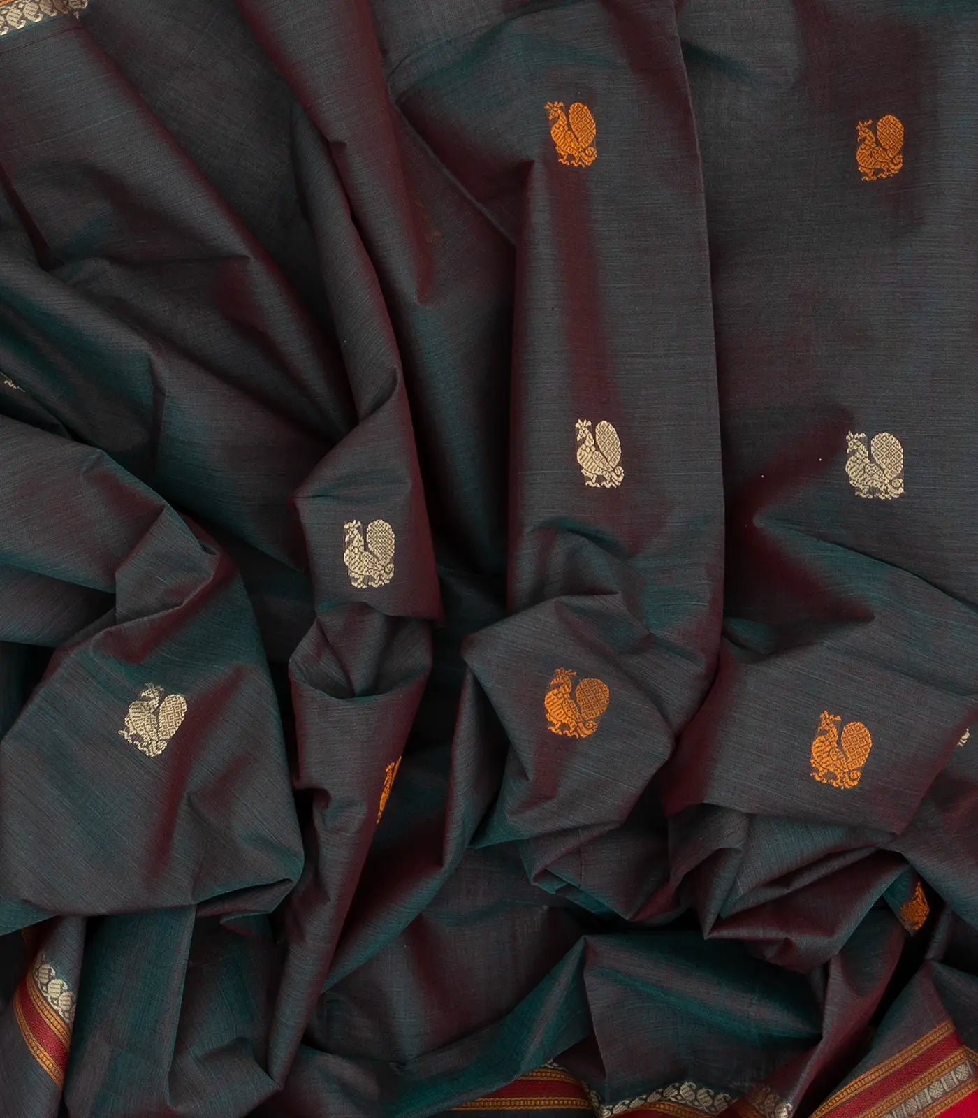 Dark Grey Handloom Kanchi Cotton Saree With Annam Buttas