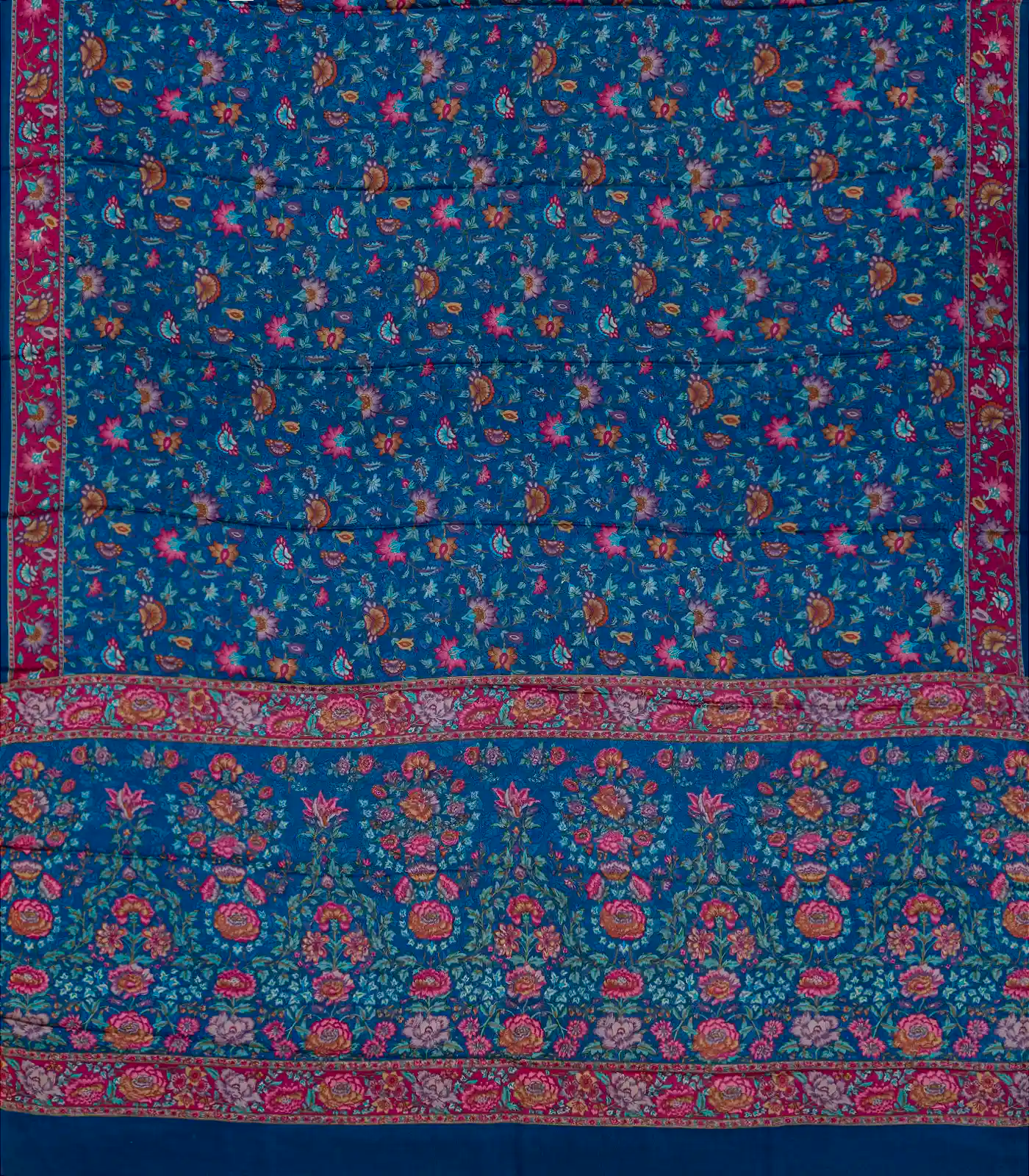 Blue Woven Digital Printed Satin Silk Saree With Floral Motifs