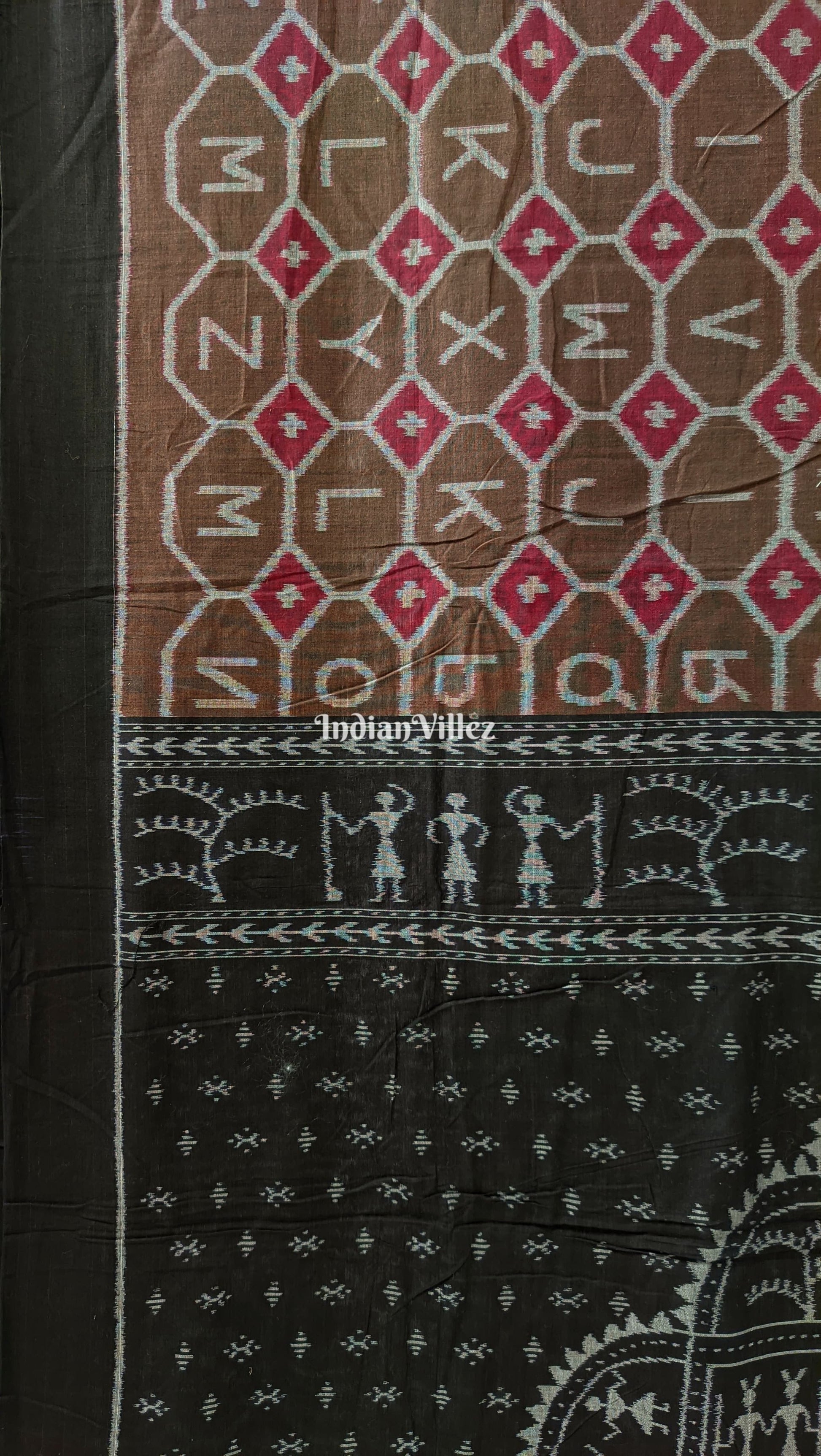 English Alphabet Sambalpuri Pure Cotton Saree With Tribal Anchal