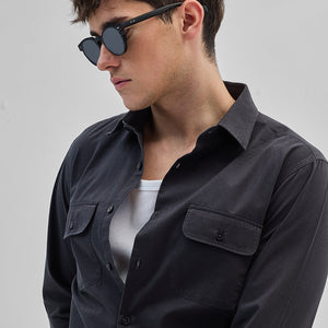 Charcoal Grey Solid Double Pocket Overshirt