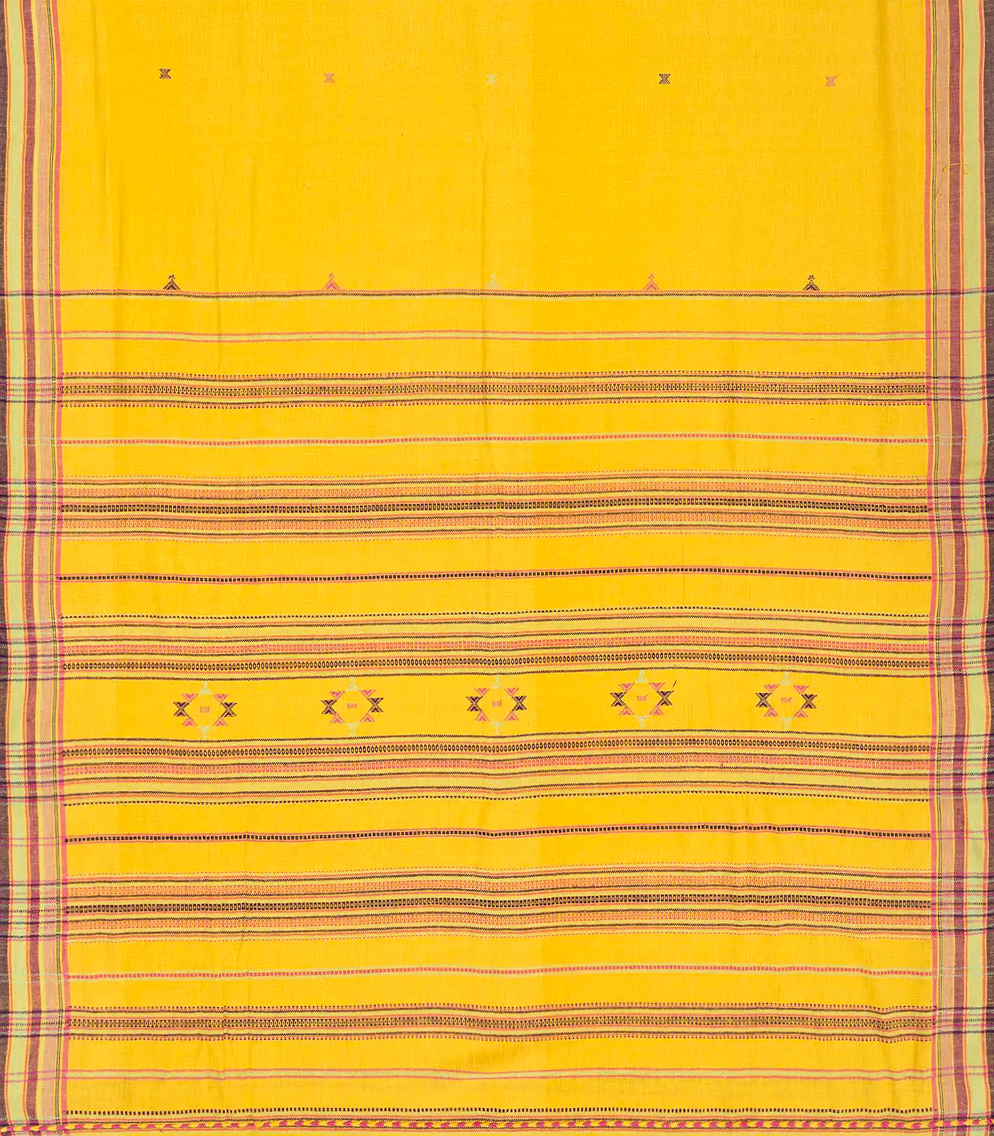 Turmeric Yellow Handloom Bhujodi Cotton Saree With Cross Buttas