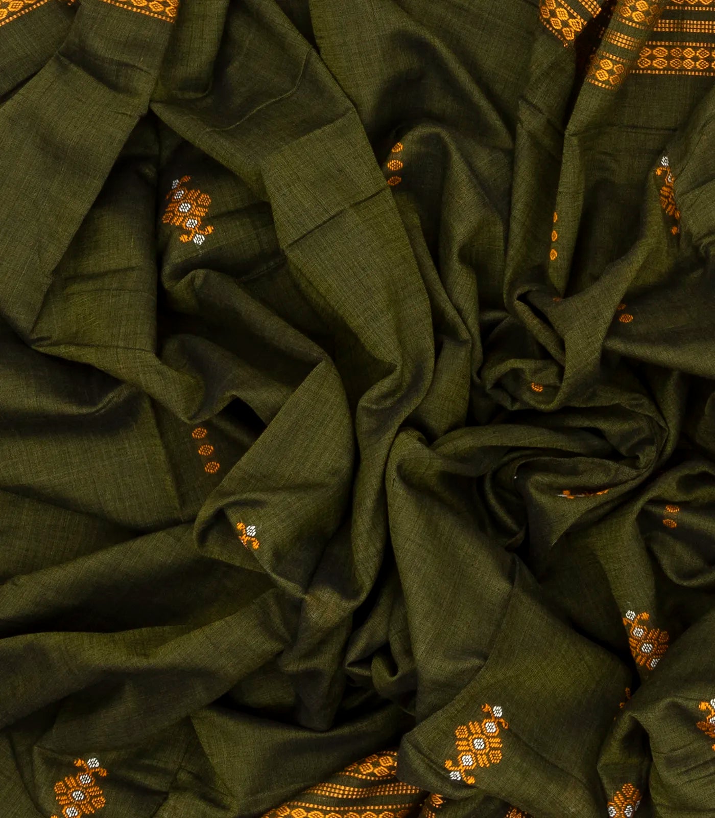 Dark Green Handwoven Orissa Cotton Saree With Floral Buttas