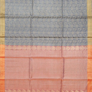 Grey Handwoven Tussar Silk Saree With Floral Vine Motifs & Contrast Pink Pallu-Grey