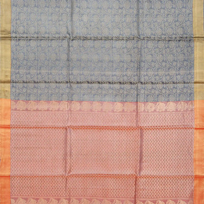 Grey Handwoven Tussar Silk Saree With Floral Vine Motifs & Contrast Pink Pallu-Grey