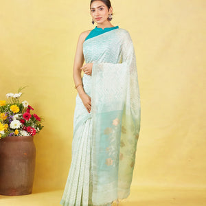 White Handloom Tussar Silk Saree With Chevron Motifs