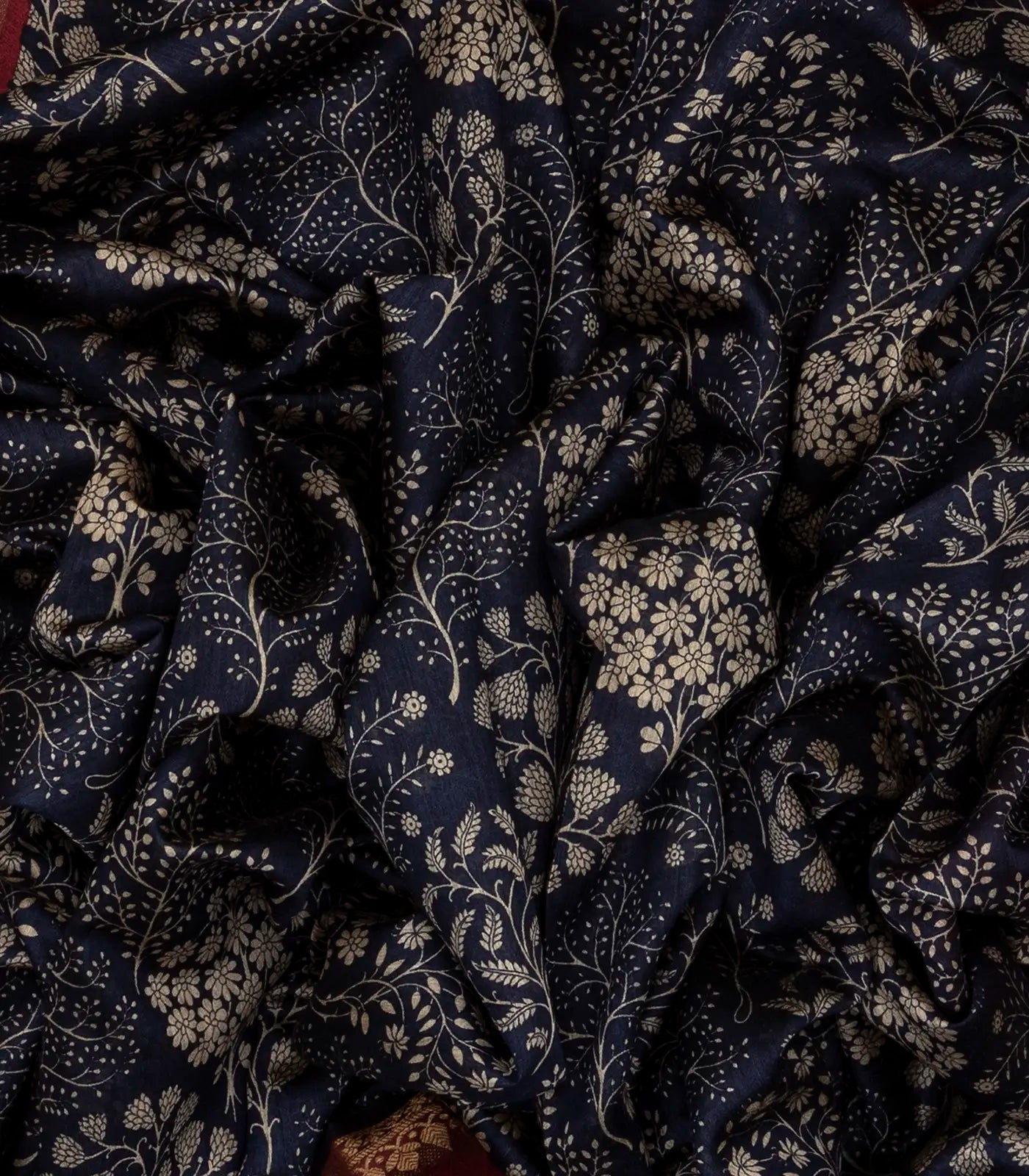 Navy Blue Handloom Tussar Silk Saree With Printed Tree Motifs