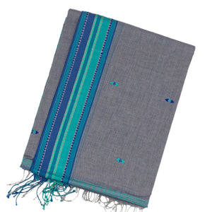 Grey Handloom Bengal Cotton Saree With Blue Border