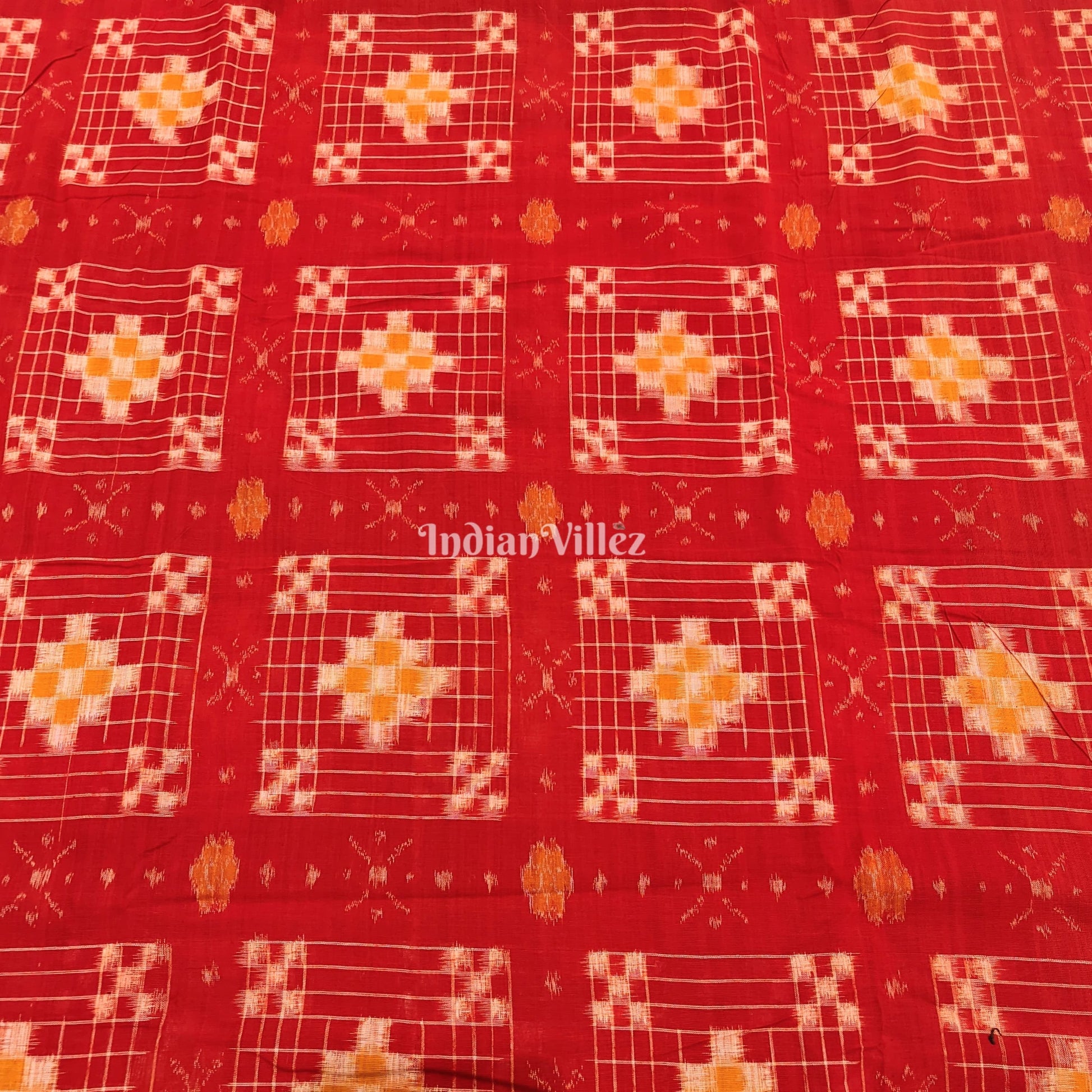 Red Pasapali Theme Sambalpuri Ikat Cotton Fabric