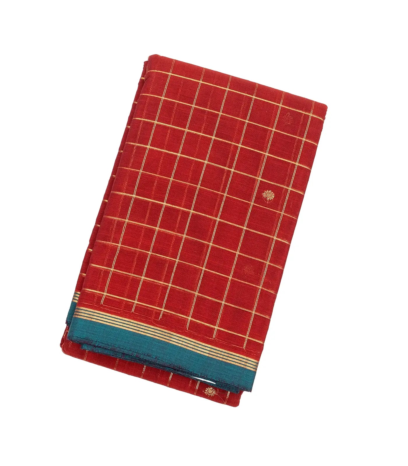 Red Handloom Kanchi Cotton Saree With Zari Checks