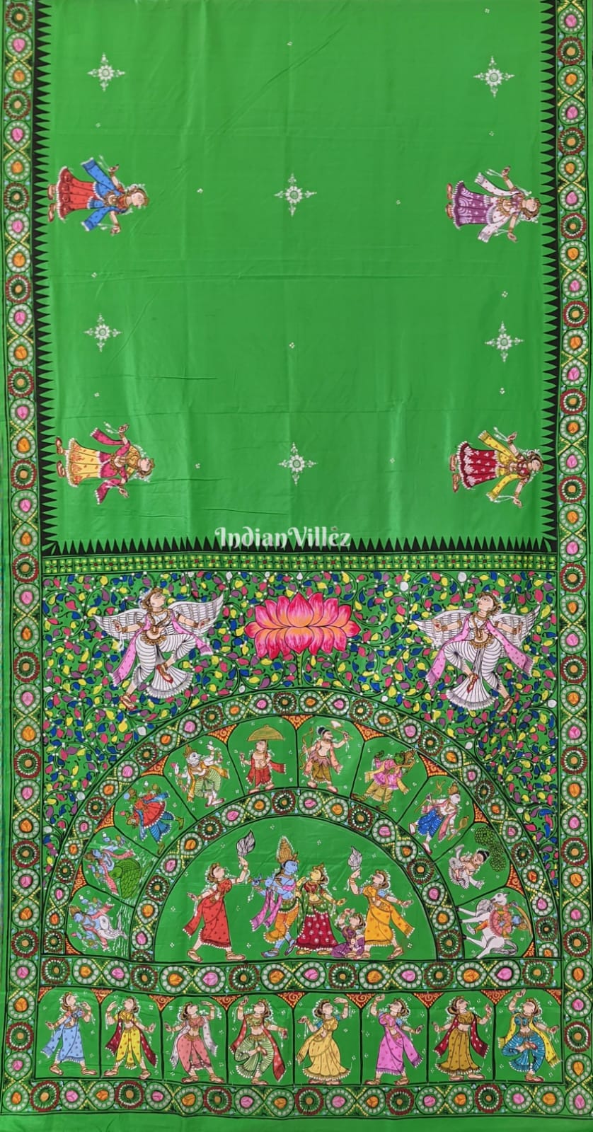 Parrot Green Dashavatara with Krishna Rasa Leela Theme Pattachitra Saree