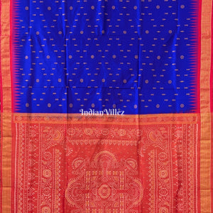 Blue Red Fish Motif Sambalpuri Silk Saree with Tissue Anchal