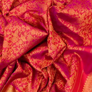 Pink Handloom Kanchipuram Silk Saree With Birds & Floral Motifs