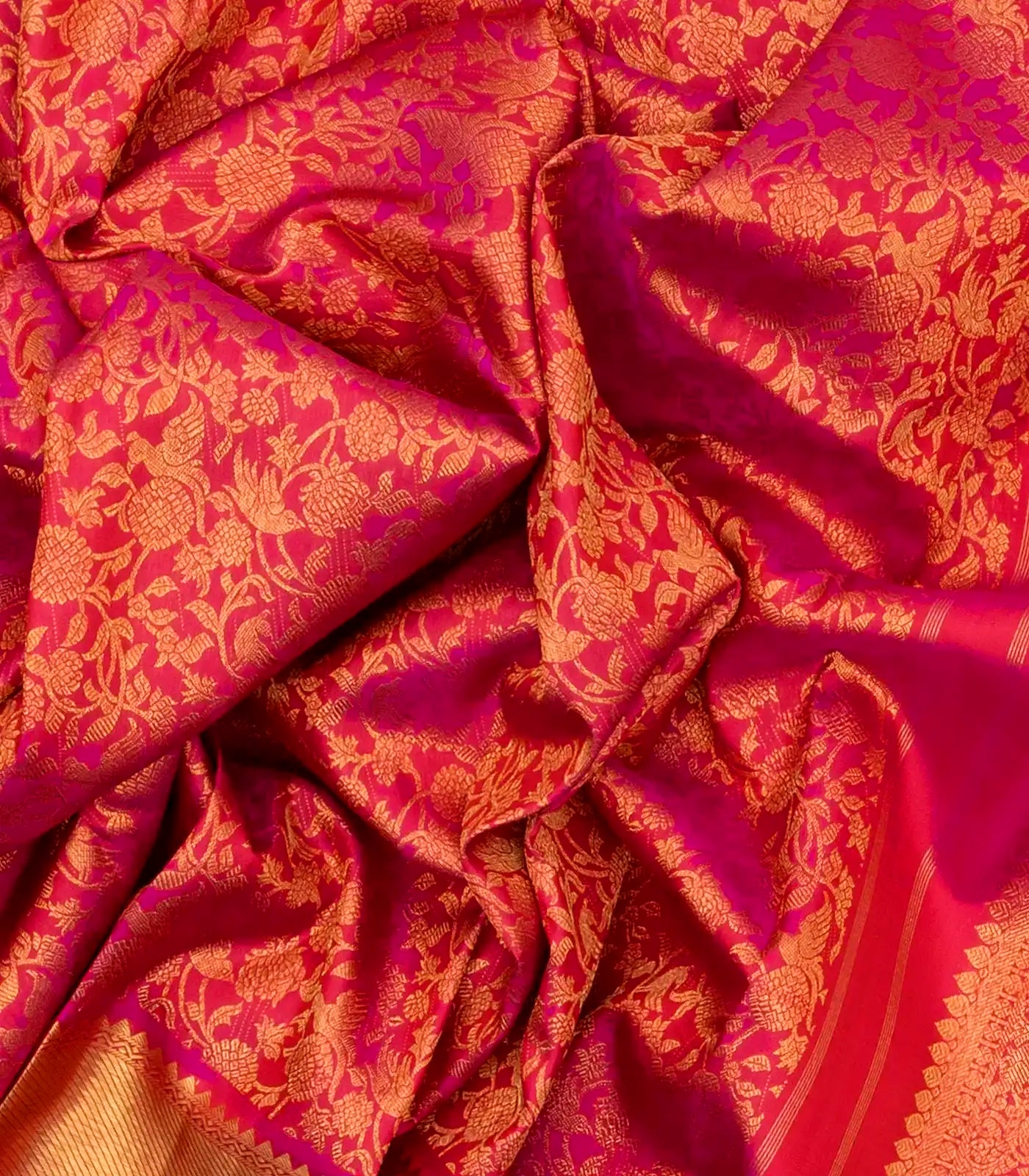 Pink Handloom Kanchipuram Silk Saree With Birds & Floral Motifs