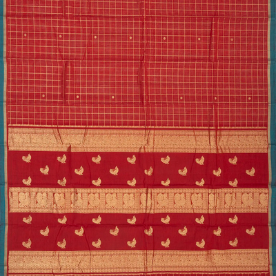 Red Handloom Kanchi Cotton Saree With Zari Checks
