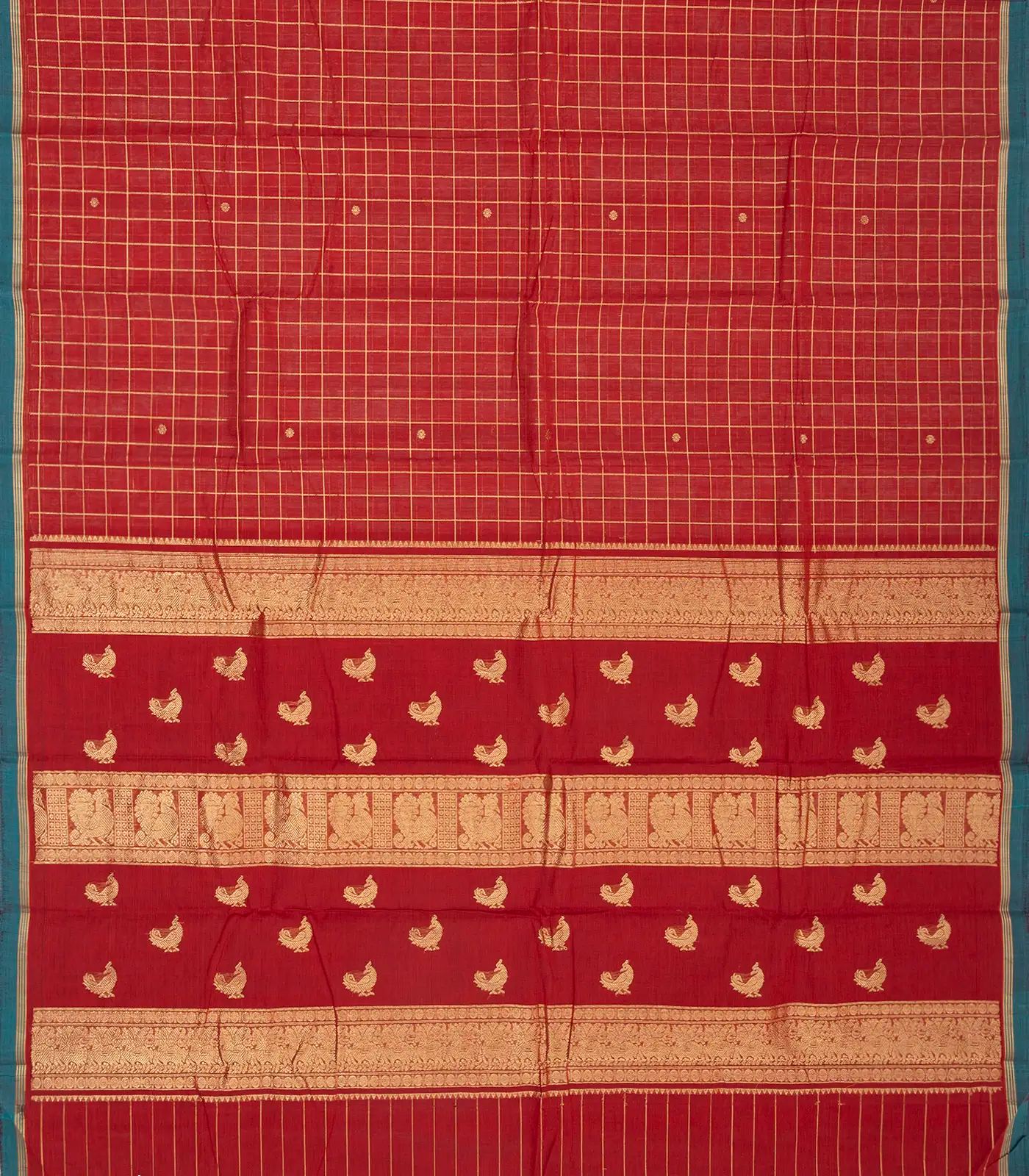 Red Handloom Kanchi Cotton Saree With Zari Checks