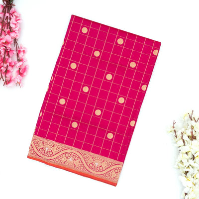Pink Handwoven Banarasi Silk Saree With Checks & Buttas