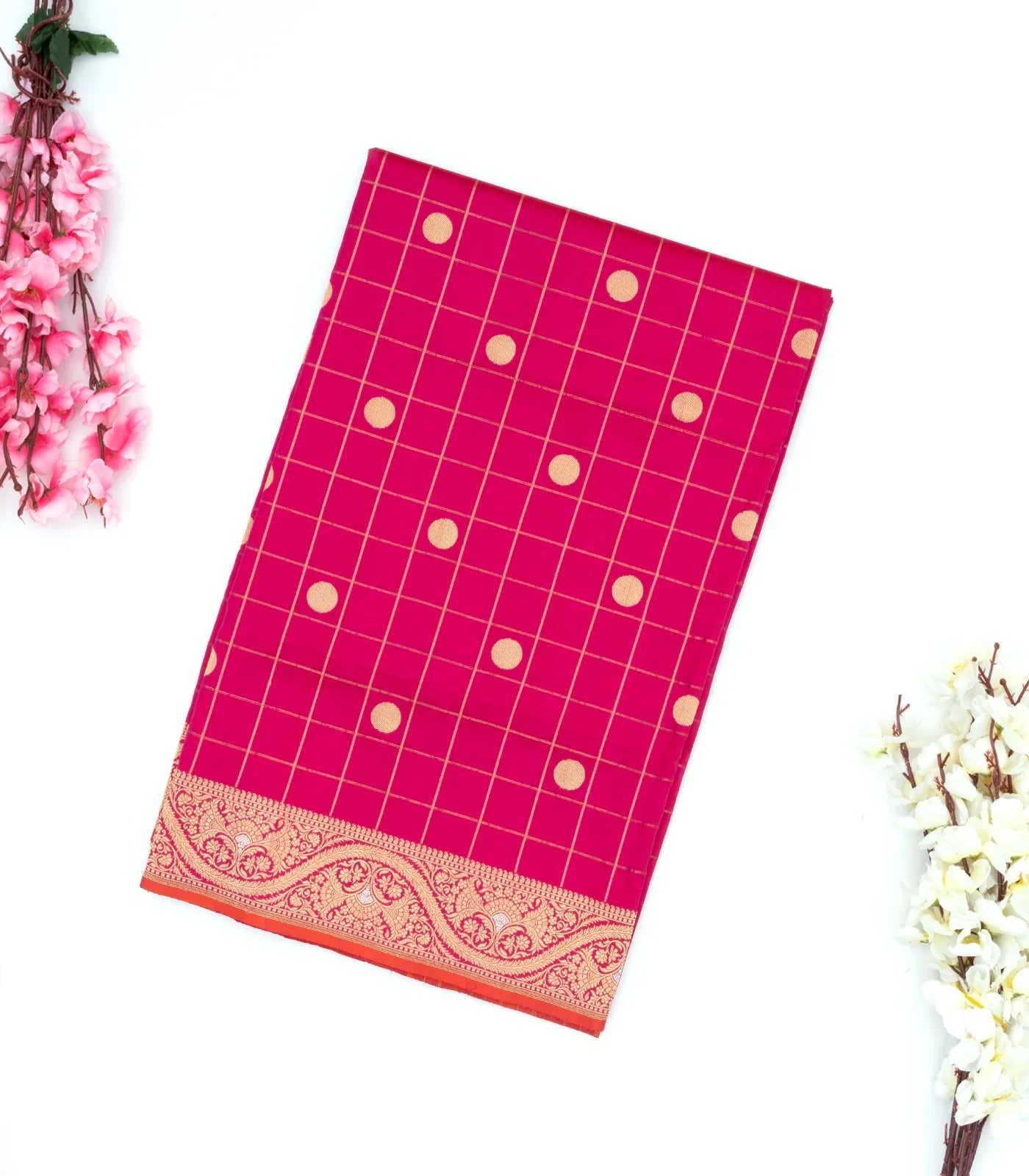 Pink Handwoven Banarasi Silk Saree With Checks & Buttas